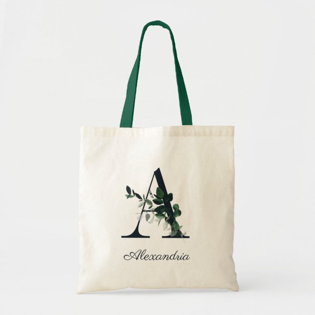 Bolsa Tote Verde Botânico Selvagem - Letra A Monograma (Frente)