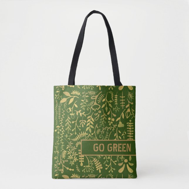 Bolsa Tote Verde, Dourada Frota Floral (Frente)
