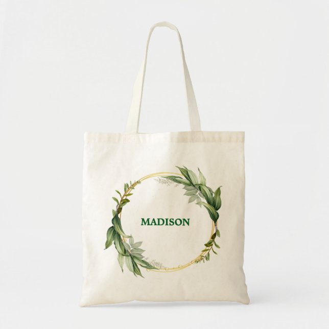 Bolsa Tote Verde Dourado Botânico Personalizado (Frente)