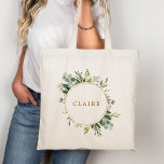 Bolsa Tote Verde Dourado Botânico Personalizar<br><div class="desc">Este saco de tote personalizado apresenta cor d'água,  eucalipto verde,  folhas verdes e um quadro de círculo dourado. Para personalização mais avançada deste design,  clique no link "Personalizar mais". Itens correspondentes também estão disponíveis.</div>