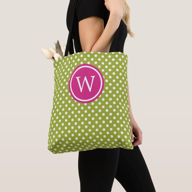 Bolsa Tote Verde e Branco de Bolinhas com Monograma Rosa (Close Up)