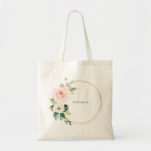 Bolsa Tote Verde e Dourado Saco Floral Elegante Geométrico (Frente)