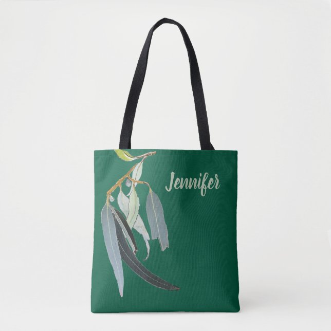 Bolsa Tote Verde Escuro com Folhas de Aquarela Nomeadas (Frente)