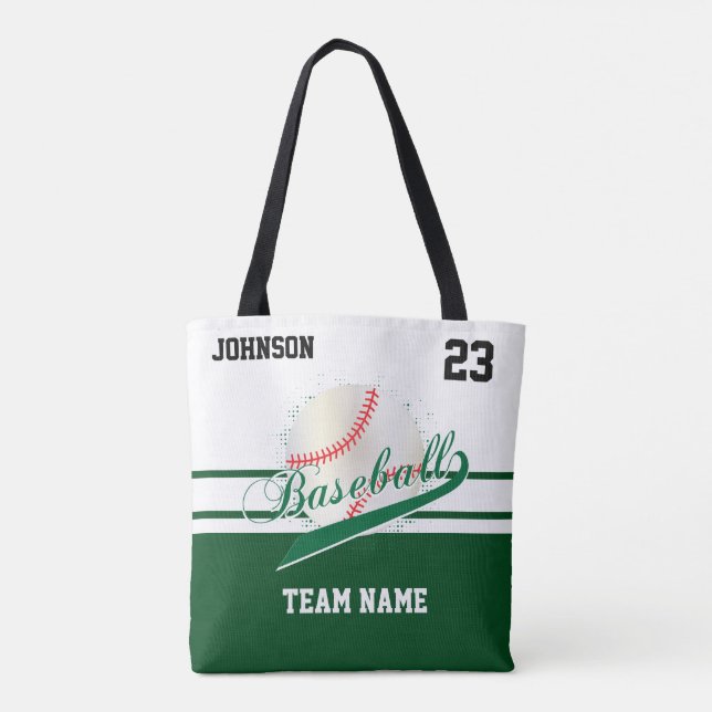 Bolsa Tote Verde escuro e branco para uma equipe de beisebol (Verso)