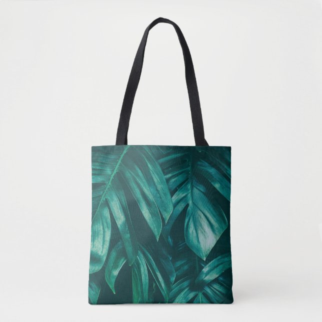 Bolsa Tote Verde escuro, folhagem tropical da selva. (Frente)