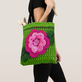Bolsa Tote Verde-Flor-Rosa Deixa Artisan Crochet Impressão
