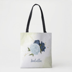 Bolsa Tote verde floral azul poeirento marinho