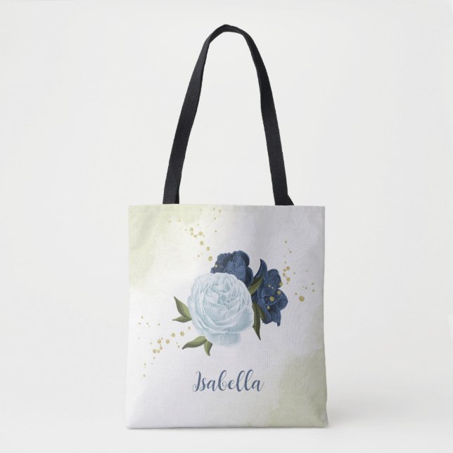 Bolsa Tote verde floral azul poeirento marinho (Frente)