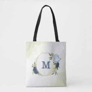 Bolsa Tote verde floral azul poeirento marinho