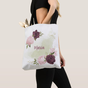 Bolsa Tote verde-floral cor-de-rosa-armado