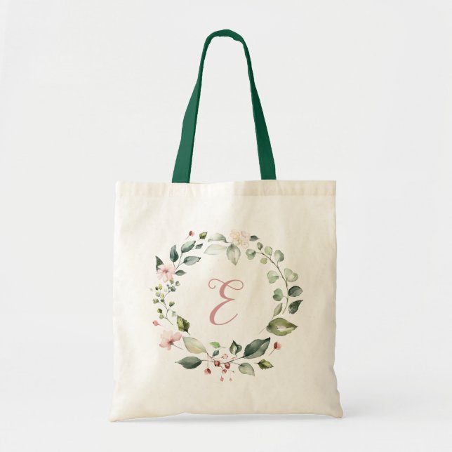 Bolsa Tote Verde Floral Monograma Personalizado, Rosa Esbranq (Frente)