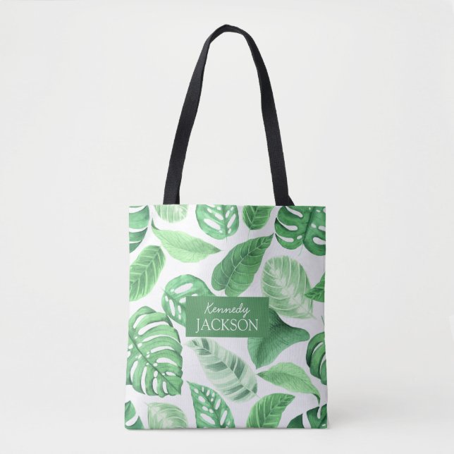 Bolsa Tote Verde Floral Tropical Folha Verde Monograma Verde (Frente)