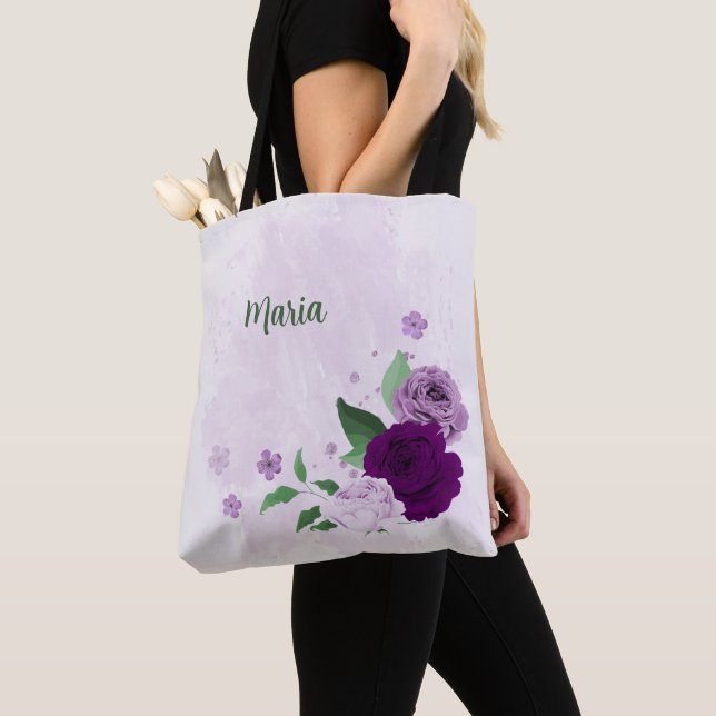 Bolsa Tote verde-flores roxas (Close Up)