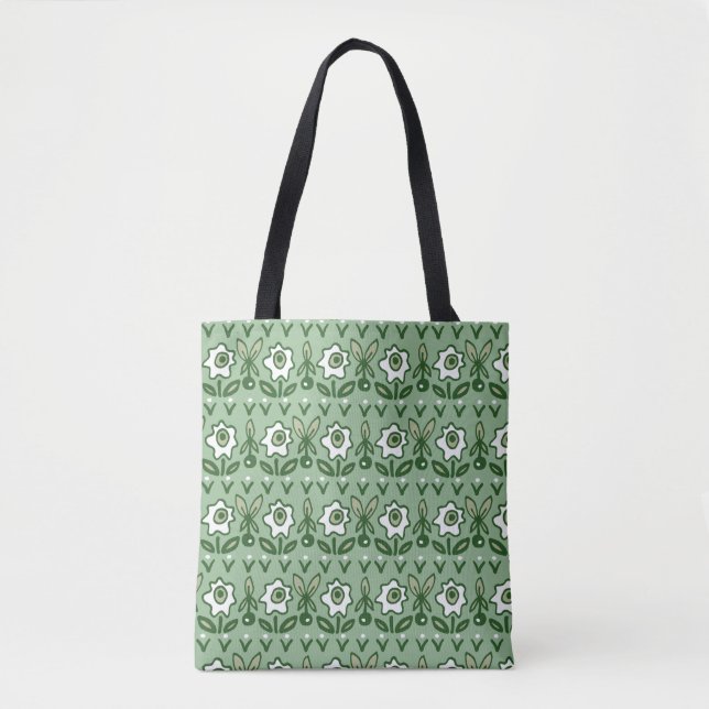 Bolsa Tote Verde Folk Art Floral (Frente)