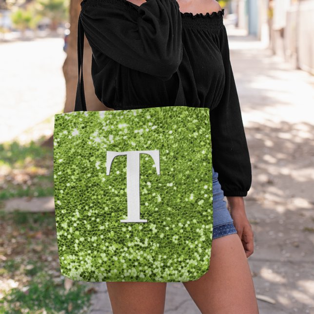 Bolsa Tote Verde limão Faux Glitter Bokeh Sparkly Monograma (Lime Green Chunky Glitter Monogram Tote Bag)