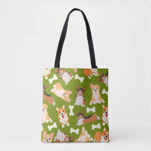 Bolsa Tote Verde-Padrão de Corgi Cute