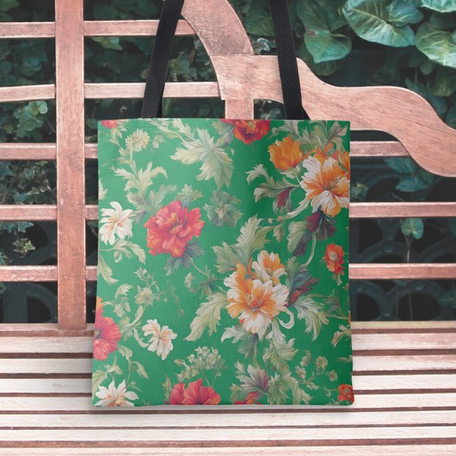 Bolsa Tote Verde Padrão Floral Elegante (A floral tote bag with red and peach flowers on a vibrant green background. Ideal for garden lovers)