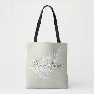 Bolsa Tote Verde Sage Leve Branco Samambaia Nome Personalizad