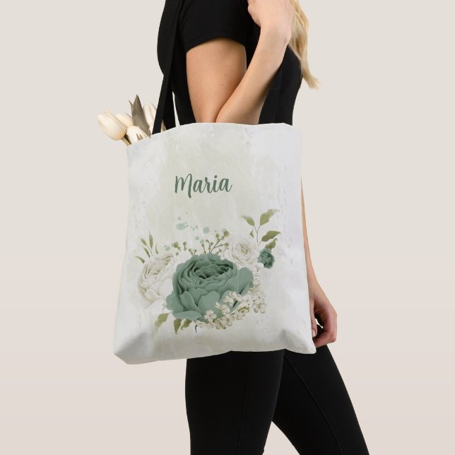 Bolsa Tote verde sálvia e flor branca (Close Up)