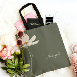 Bolsa Tote Verde Salvia Flor Branca Minimal Simples