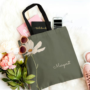 Bolsa Tote Verde Salvia Flor Branca Minimal Simples