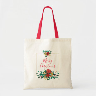 Bolsa Tote Verde Vermelho Moderno e Dourado Natal Floral