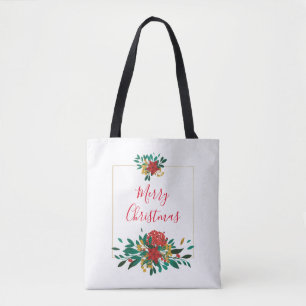 Bolsa Tote Verde Vermelho Moderno e Dourado Natal Floral