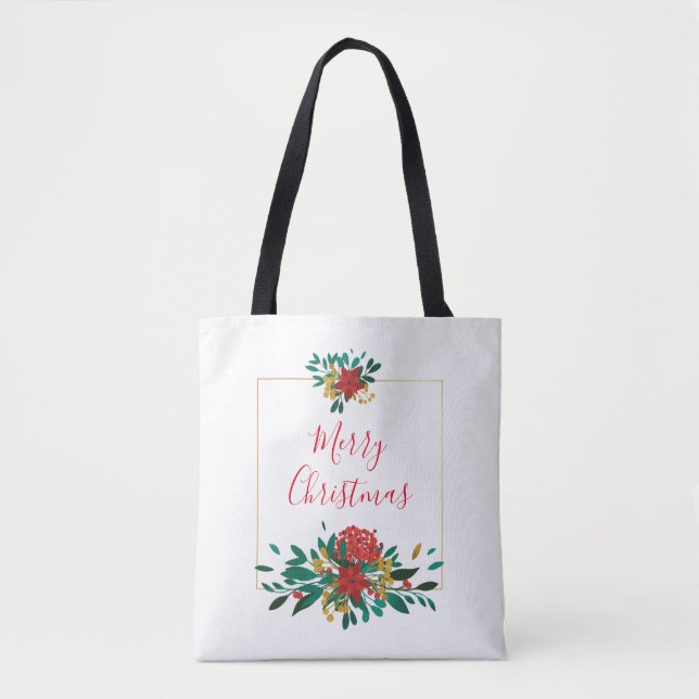 Bolsa Tote Verde Vermelho Moderno e Dourado Natal Floral (Frente)