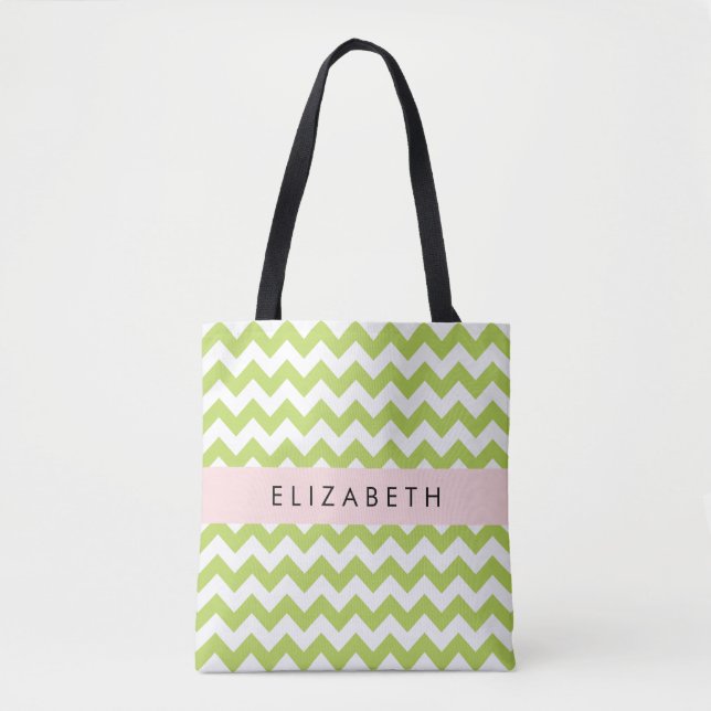 Bolsa Tote Verde Zigzag, Verde Chevron, Seu Nome (Frente)