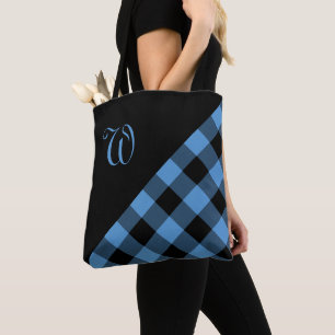 Bolsa Tote Verificação azul do búfalo preto do monograma