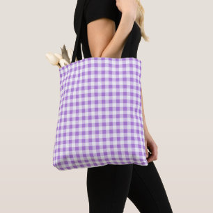 Bolsa Tote Verificação de Gingham Branco e Roxo de Lavanda Mé