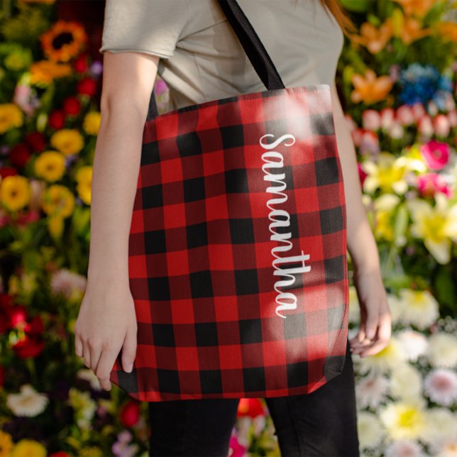 Bolsa Tote Verificação Personalizada de Buffalo Vermelho e Pr (Personalized Red and Black Buffalo Plaid Tote Bag)