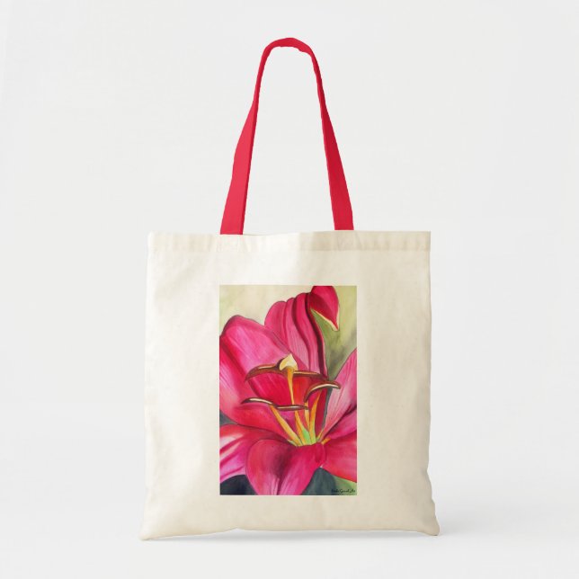 Bolsa Tote Vermelho Alerta Lily - pintura em flor de aquarela (Frente)