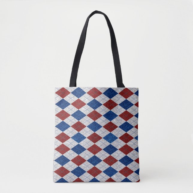 Bolsa Tote Vermelho, Branco, Azul Argyle Glitter 4 de Julho (Frente)