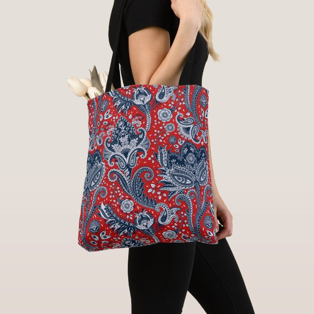 Bolsa Tote Vermelho Branco & Azul Floral Paisley Boêmio Boho (Close Up)