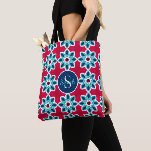 Bolsa Tote Vermelho Brilhante e Azul Geométrico Moderno Perso