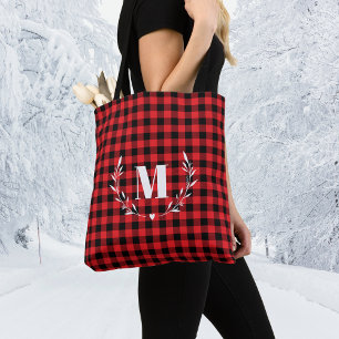 Bolsa Tote Vermelho Buffalo Plaid Monograma Natal