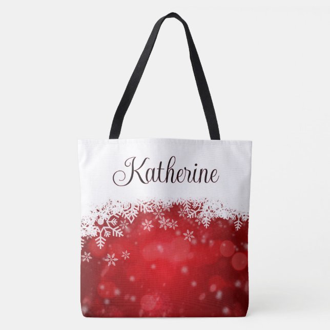 Bolsa Tote Vermelho de Inverno e Flocos de Neve Brancos (Frente)