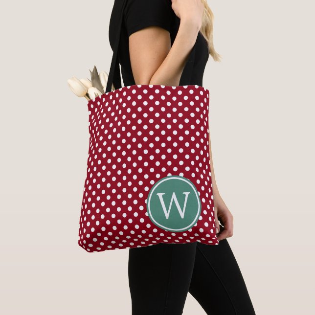 Bolsa Tote Vermelho e Branco de Bolinhas com Monograma em Tea (Close Up)