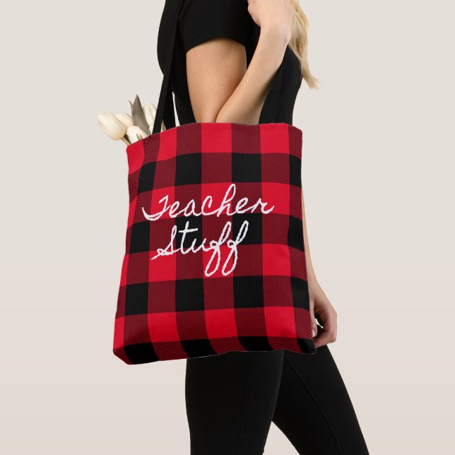 Bolsa Tote Vermelho e Preto Plaid Buffalo Material de Profess (Close Up)