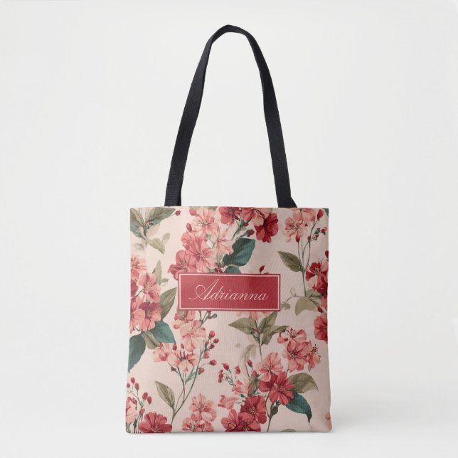 Bolsa Tote Vermelho no Rosa Hibiscus Floral (Frente)