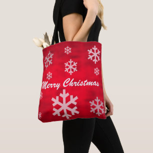 Bolsa Tote Vermelho Texturizado Feliz Natal com Flocos de Nev