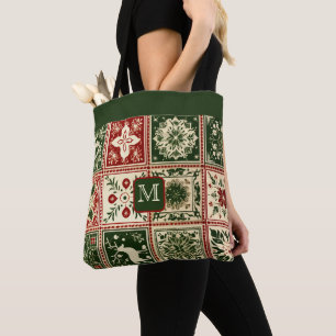 Bolsa Tote Vermelho Vintage e Quadrados de Colcha Verde de Na