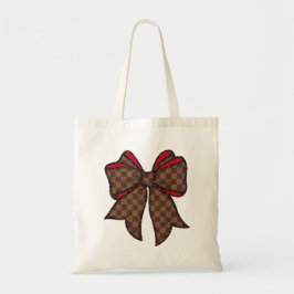 Bolsa Tote Vermelho + Xadrez Marrom + Laço de Brilho Falso