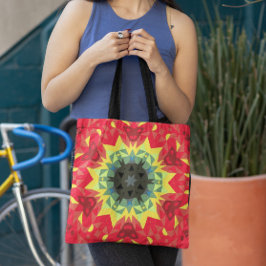 Bolsa Tote Vermelhos e Amarelos da Flor Mandala Retroativa