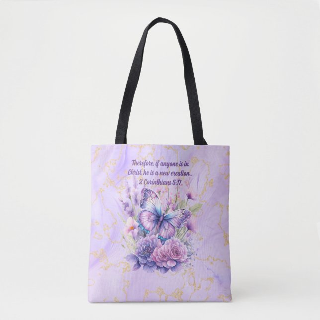 Bolsa Tote Versículo Bíblico e Borboleta em Mármore Roxo (Frente)