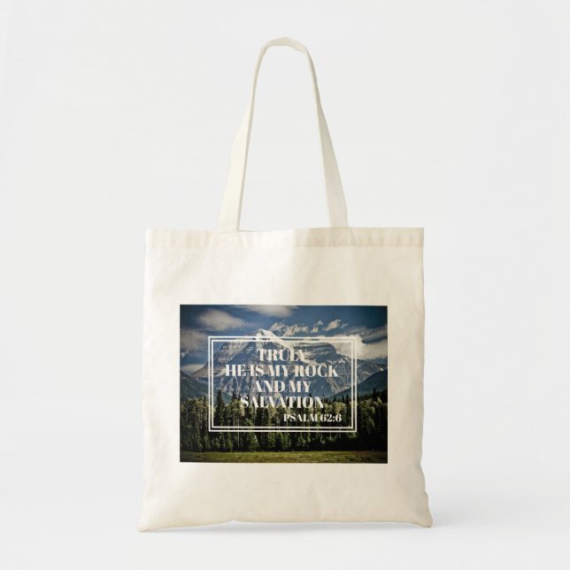 Bolsa Tote Versículo da Bíblia Cristã Ele é minha Rocha Monta (Frente)