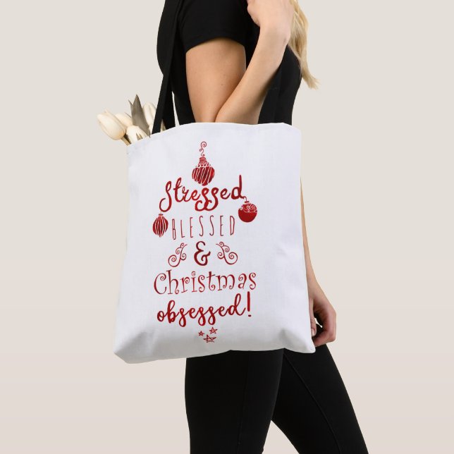 Bolsa Tote Vestido Abençoado e Natal Obcecado Branco (Close Up)