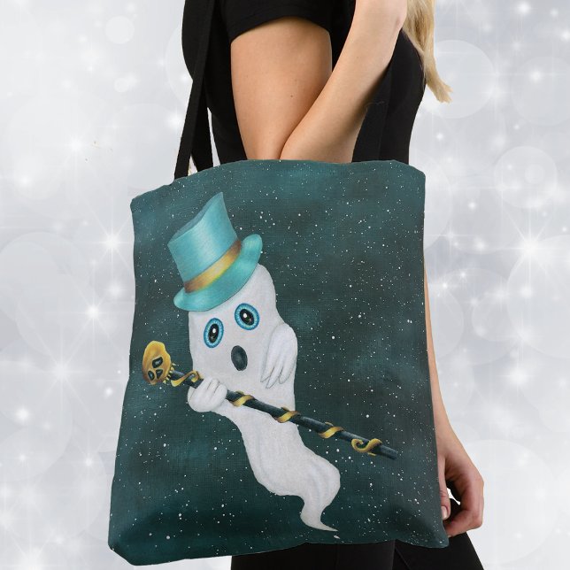 Bolsa Tote Vestido Espírito Superior Chapéu Dourado Caveira A (Cute Floating ghost in blue night sky with top hat skull cane on Halloween tote bag.)