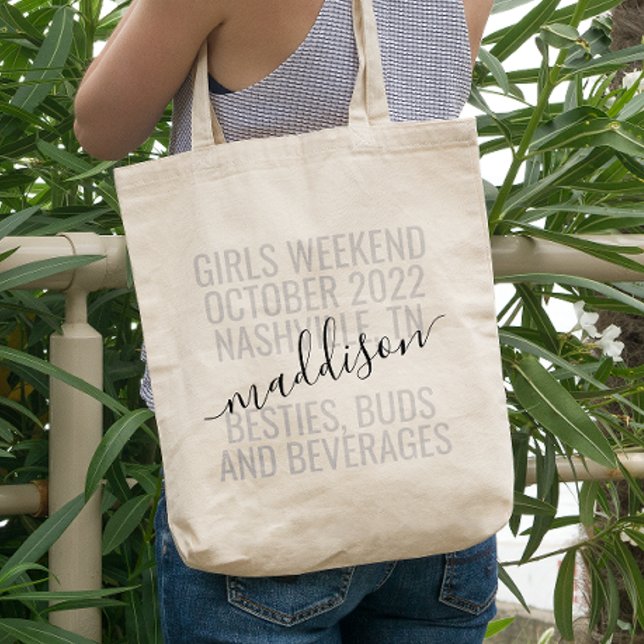 Bolsa Tote Viagem de Fim de Semana das Meninas Personalizada  (Girls Weekend Trip Personalized Canvas Tote Bag with Names, Date, and Location and fun quote.)